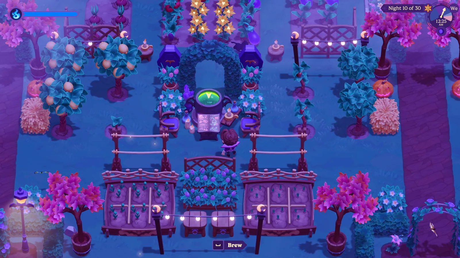 A colorful Moonlight Peaks farm at night