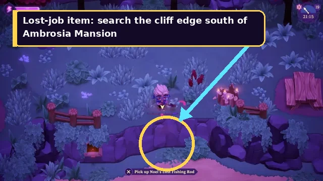 Annotated screenshot showing the lost fishing rod search area
