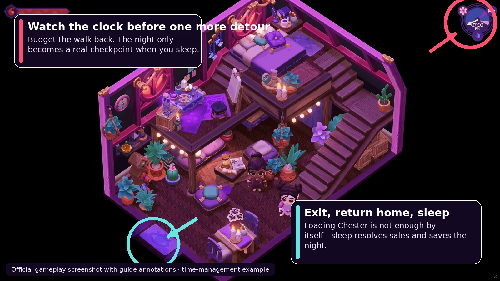 Annotated gameplay context for the nightly save loop.